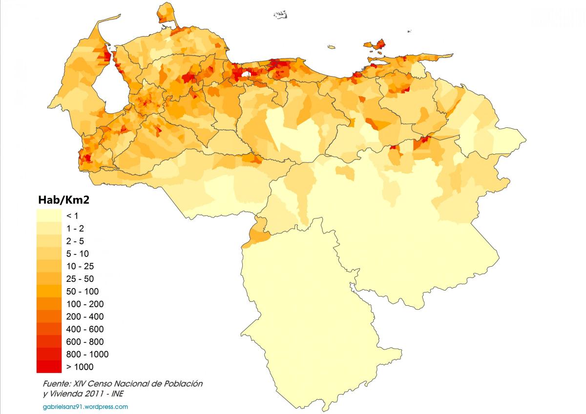 ベネズエラの人口密度の地図