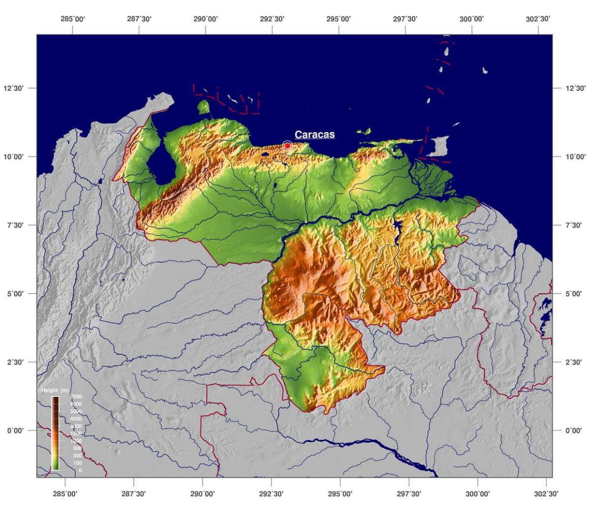 地図の物理地図のベネズエラ